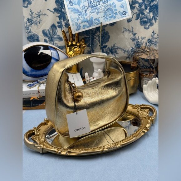 🆕 OROTON 🧿 NWT Clara Mini Convertible Crossbody Bag, Crinkle Gold Leather - Picture 3 of 15